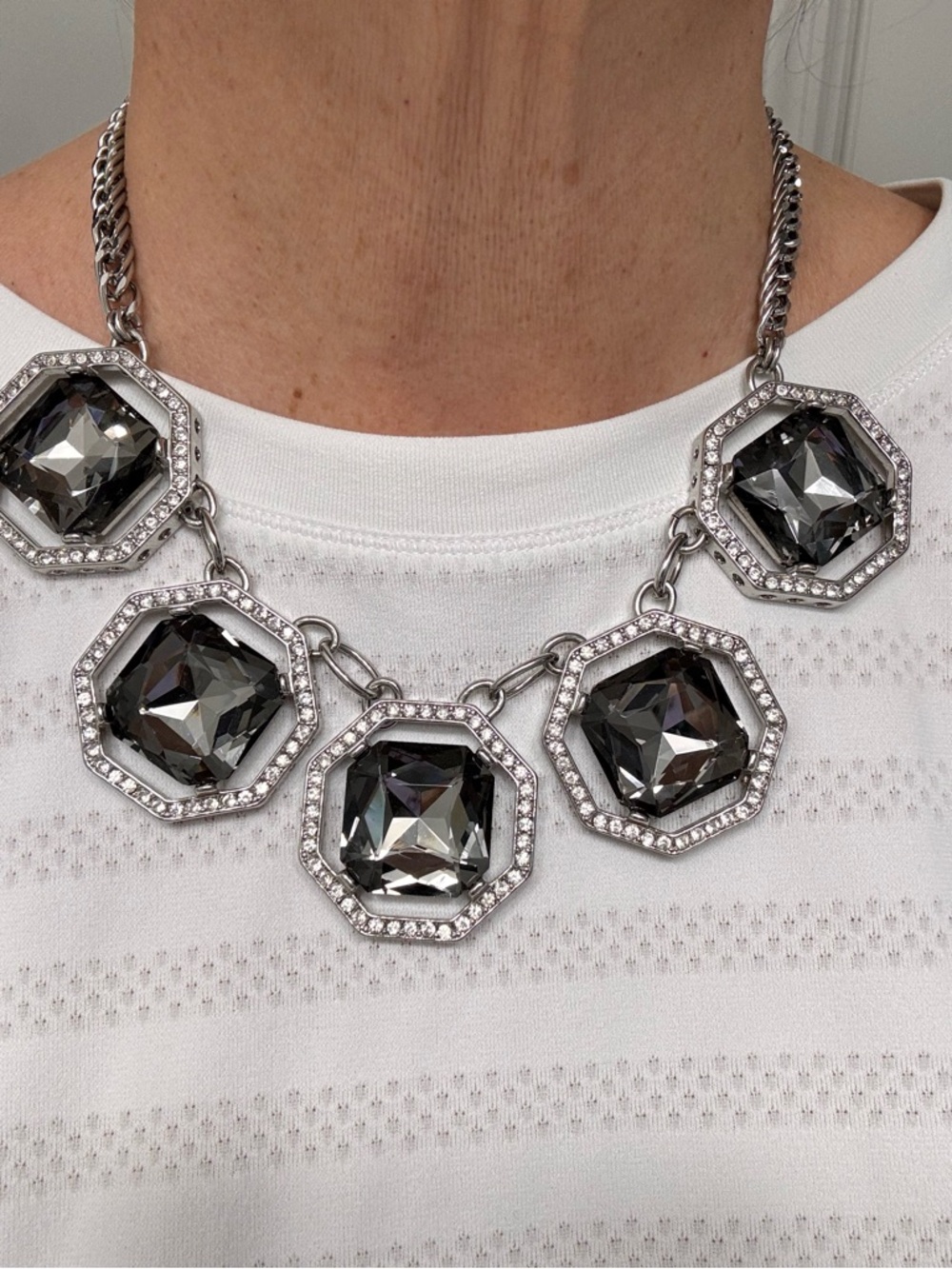White House Black Market Silver-Tone Necklace with Smoky Gray Crystals